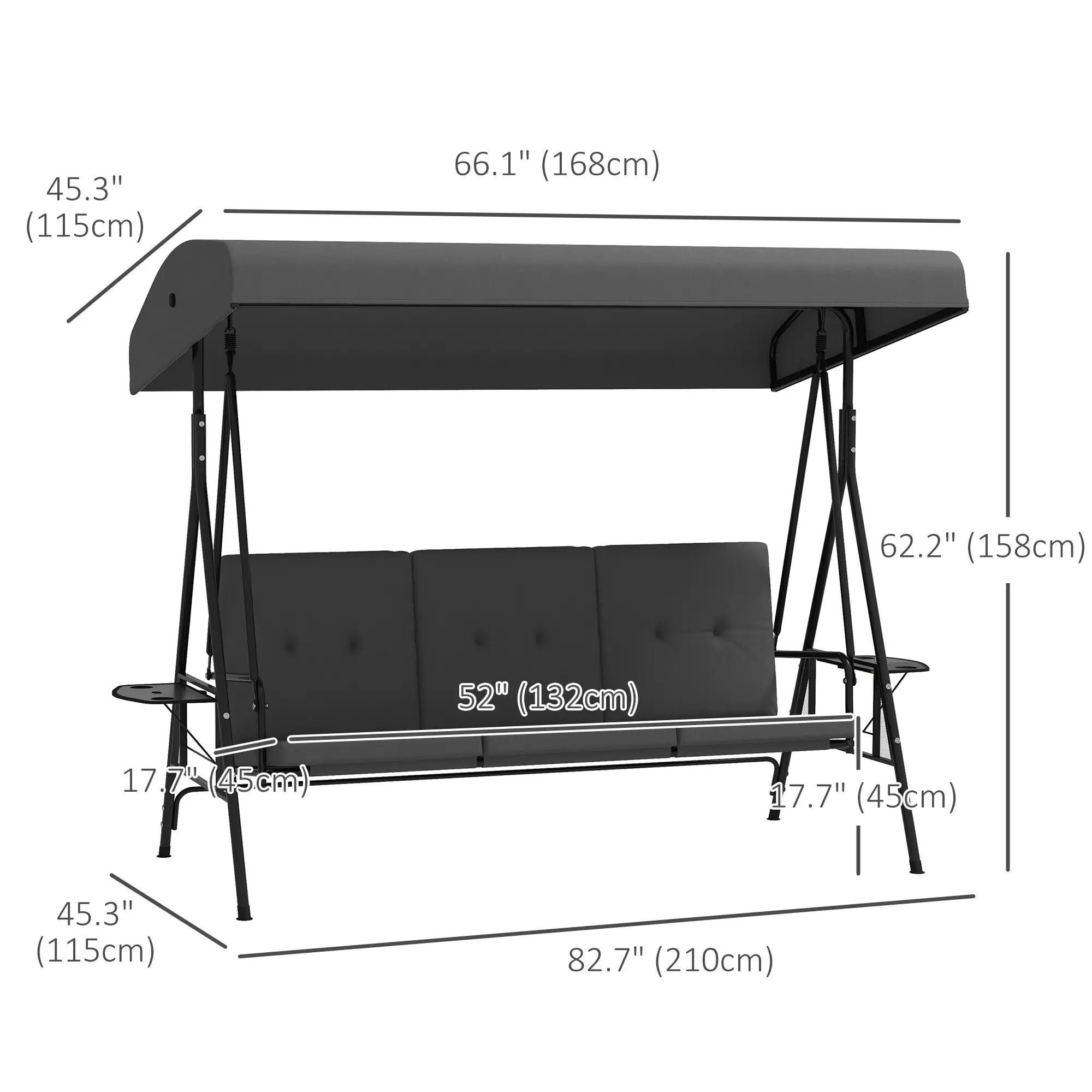 3-Seat Outdoor Swing With Adjustable Canopy, Side Tray, Removable Cushion, Grey Patio Swings with Stand at Gallery Canada