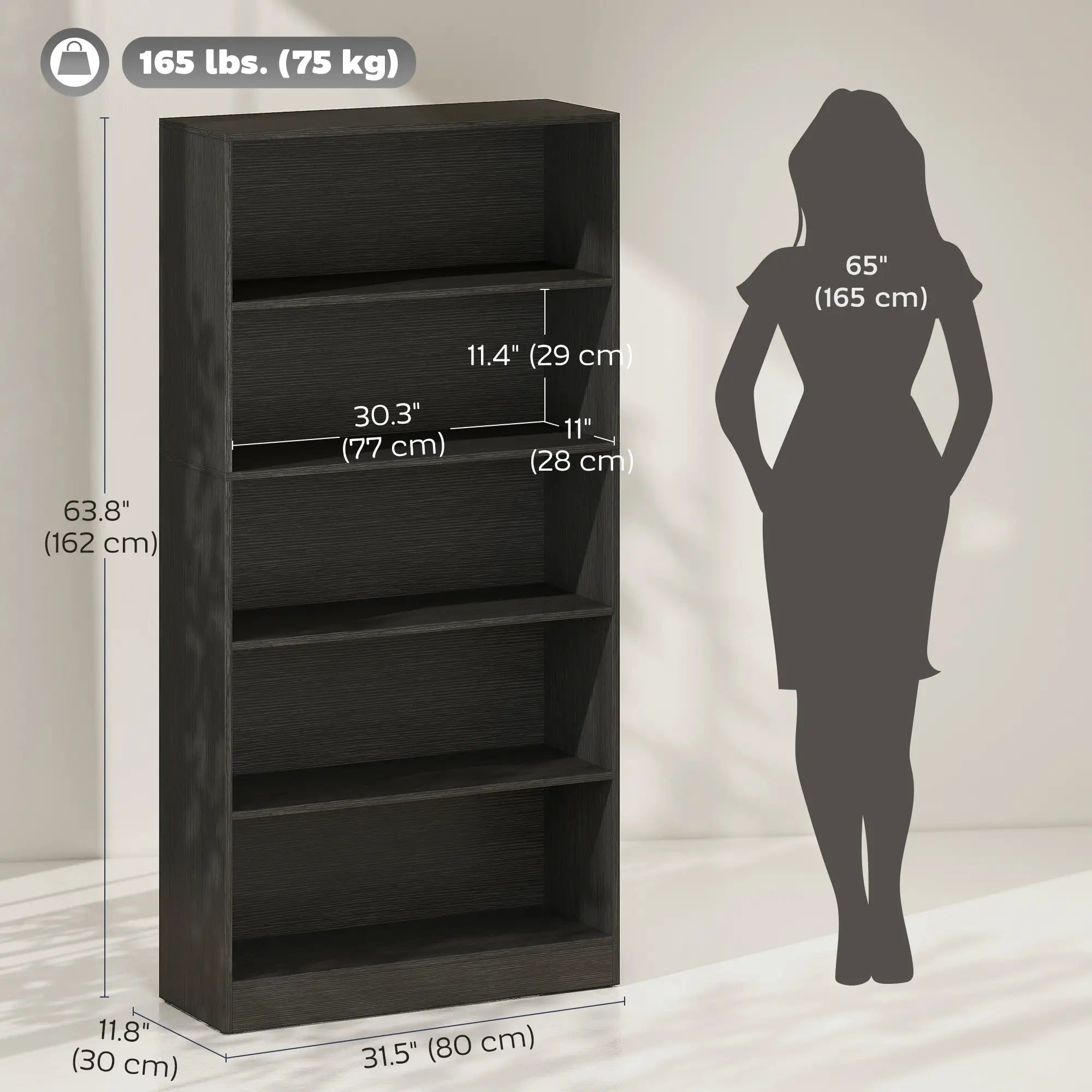 5-Tier Bookshelf With LED Lights, Cable Holes, Black Wood Grain Display Bookshelves at Gallery Canada