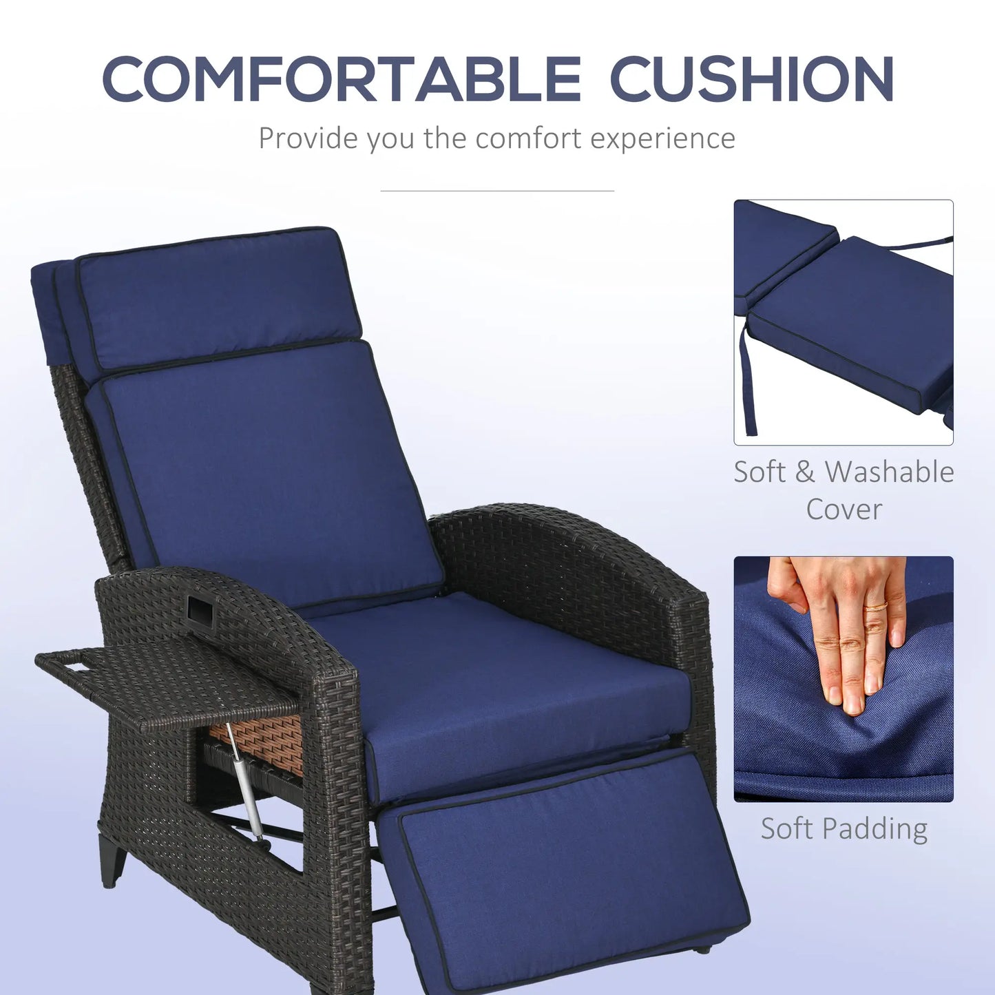 Outdoor Recliner Chair, Adjustable Backrest, Cushion, Side Tray, Blue Chaise Loungers at Gallery Canada