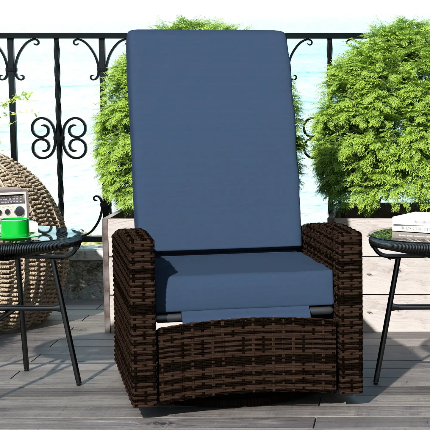 Outdoor Rattan Wicker Lounge Chair with Footrest &; Soft Cushion for Patio, Garden, Backyard, Dark Blue Patio Chairs at Gallery Canada