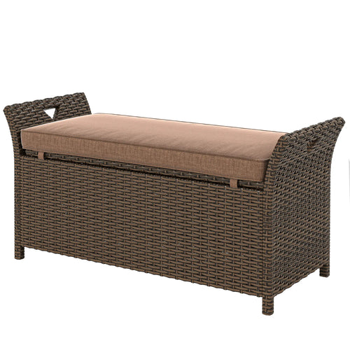 2-In-1 Outdoor Storage Bench, 29 Gallon Wicker Deck Box, Tan