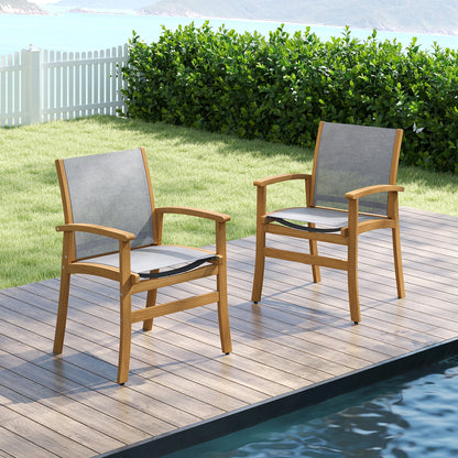 Set Of 2 Patio Dining Chairs, Breathable Fabric, Acacia Wood Frame, Gray Patio Dining Chairs at Gallery Canada