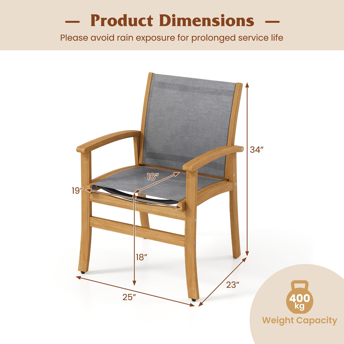 Set Of 2 Patio Dining Chairs, Breathable Fabric, Acacia Wood Frame, Gray Patio Dining Chairs at Gallery Canada