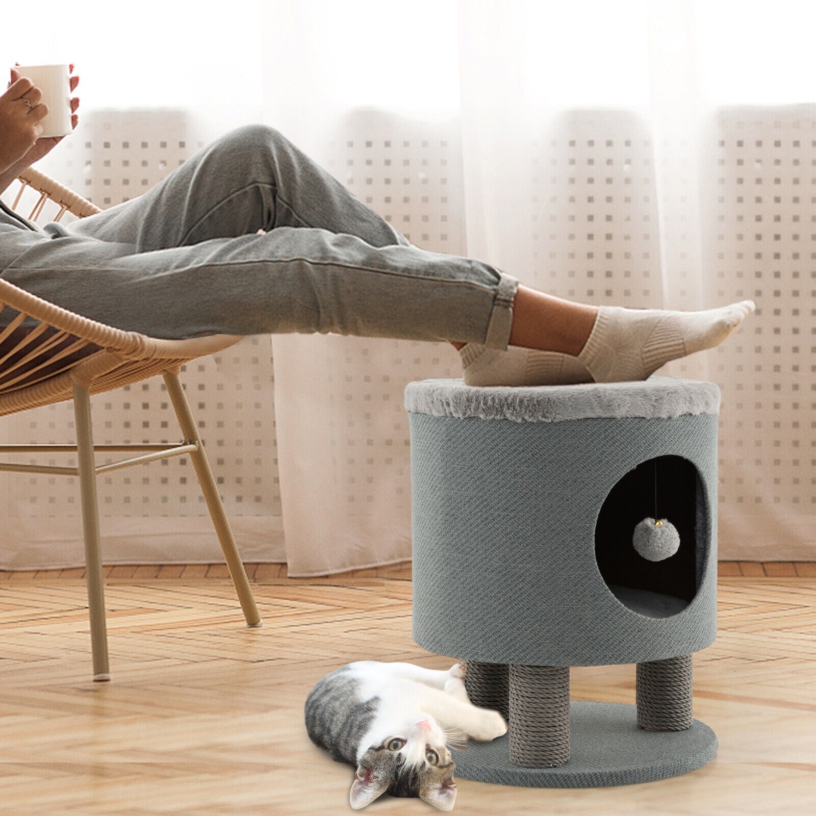 3-in-1 Cat Condo Stool, Kitty Bed, Scratching Posts, Plush Ball Toy, Gray Cat Trees Condos & Scratchers at Gallery Canada