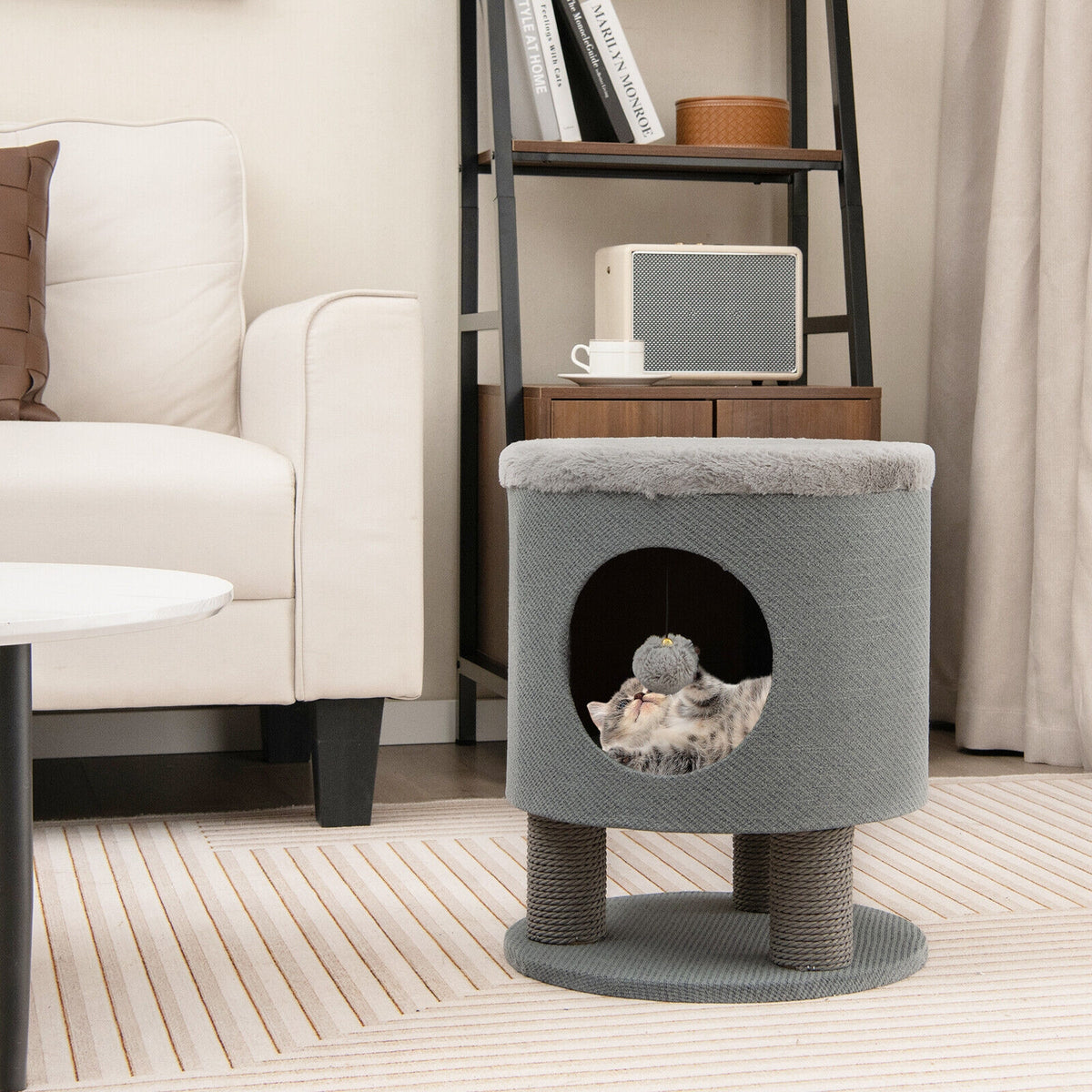 3-in-1 Cat Condo Stool, Kitty Bed, Scratching Posts, Plush Ball Toy, Gray Cat Trees Condos & Scratchers at Gallery Canada