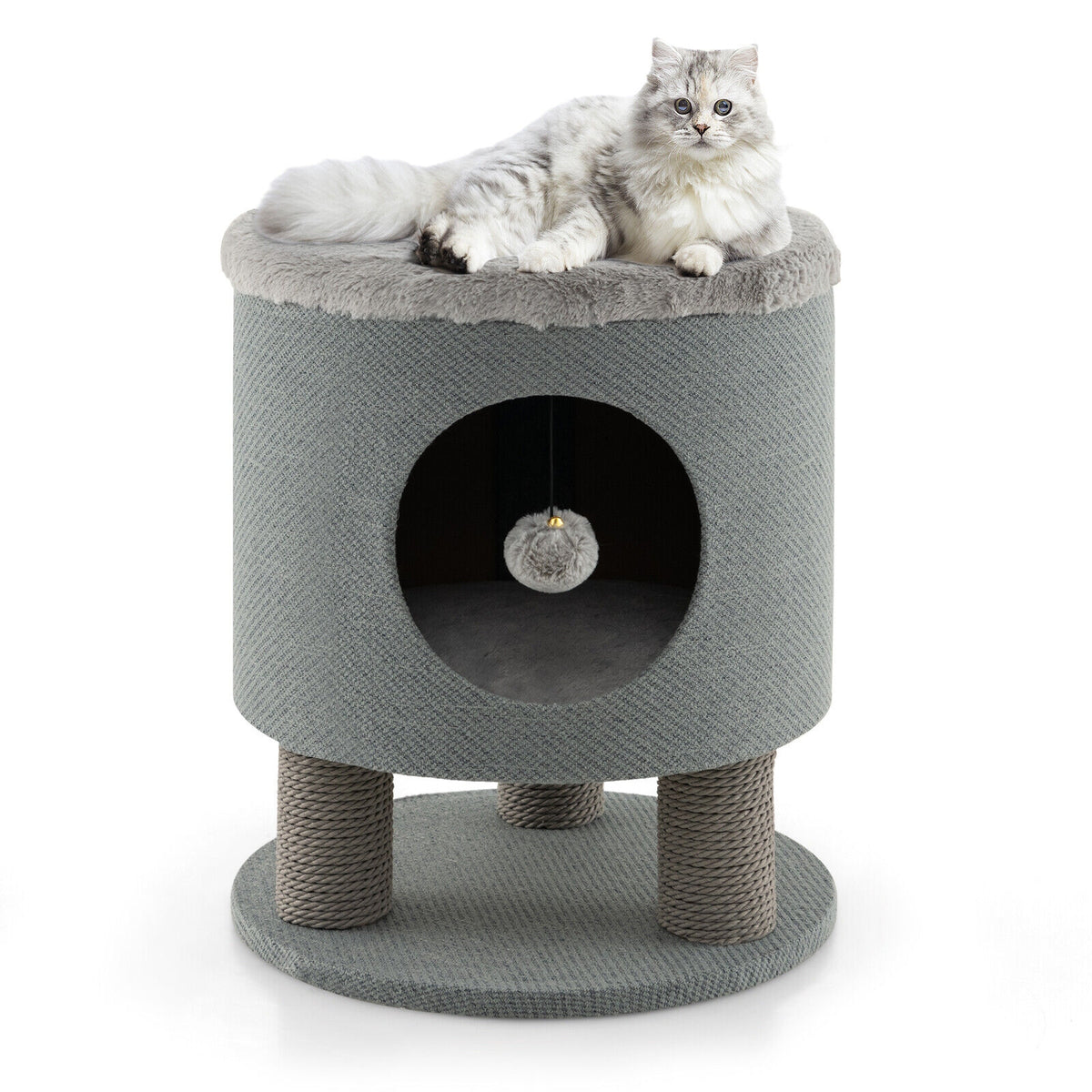 3-in-1 Cat Condo Stool, Kitty Bed, Scratching Posts, Plush Ball Toy, Gray Cat Trees Condos & Scratchers Gray at Gallery Canada