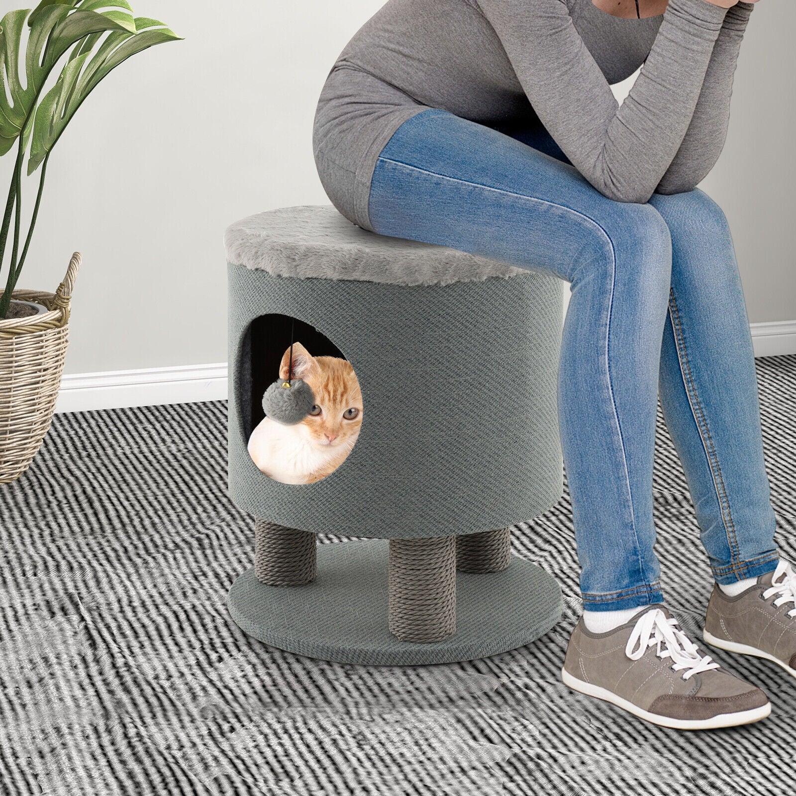 3-in-1 Cat Condo Stool, Kitty Bed, Scratching Posts, Plush Ball Toy, Gray Cat Trees Condos & Scratchers at Gallery Canada