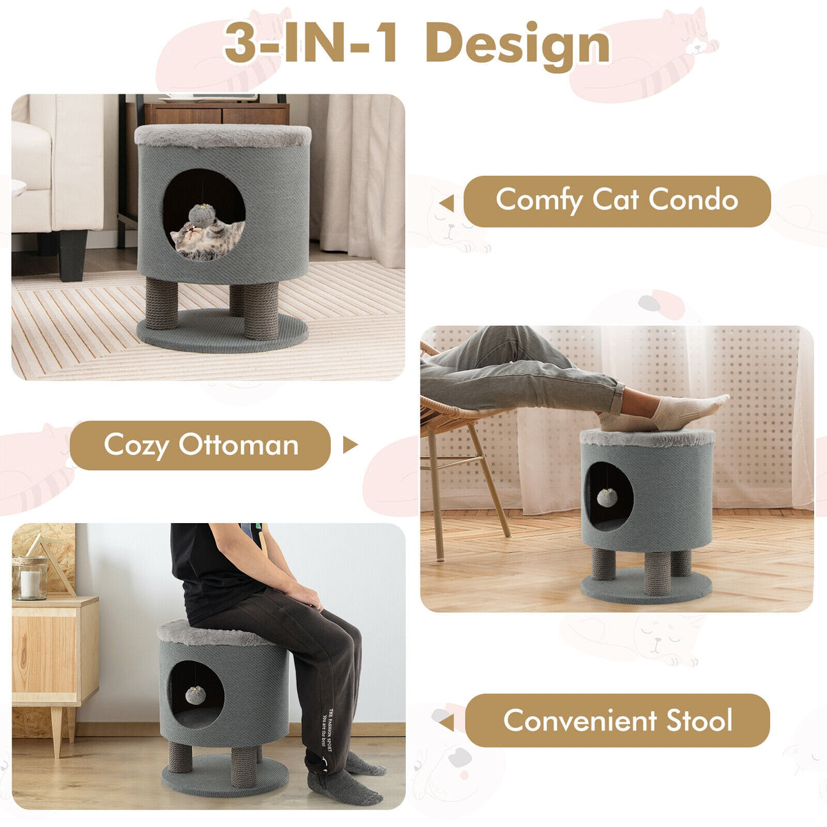 3-in-1 Cat Condo Stool, Kitty Bed, Scratching Posts, Plush Ball Toy, Gray Cat Trees Condos & Scratchers at Gallery Canada