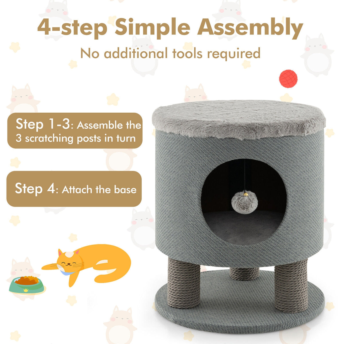 3-in-1 Cat Condo Stool, Kitty Bed, Scratching Posts, Plush Ball Toy, Gray Cat Trees Condos & Scratchers at Gallery Canada