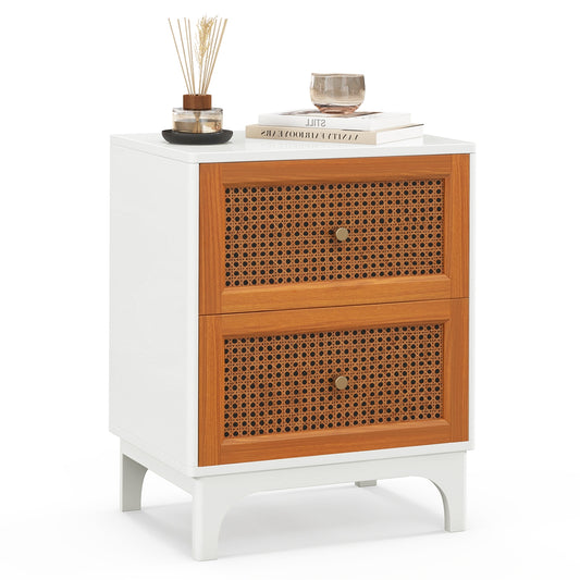 Boho Accent Table Nightstand, 2 Rattan Drawers, White Nightstands White at Gallery Canada