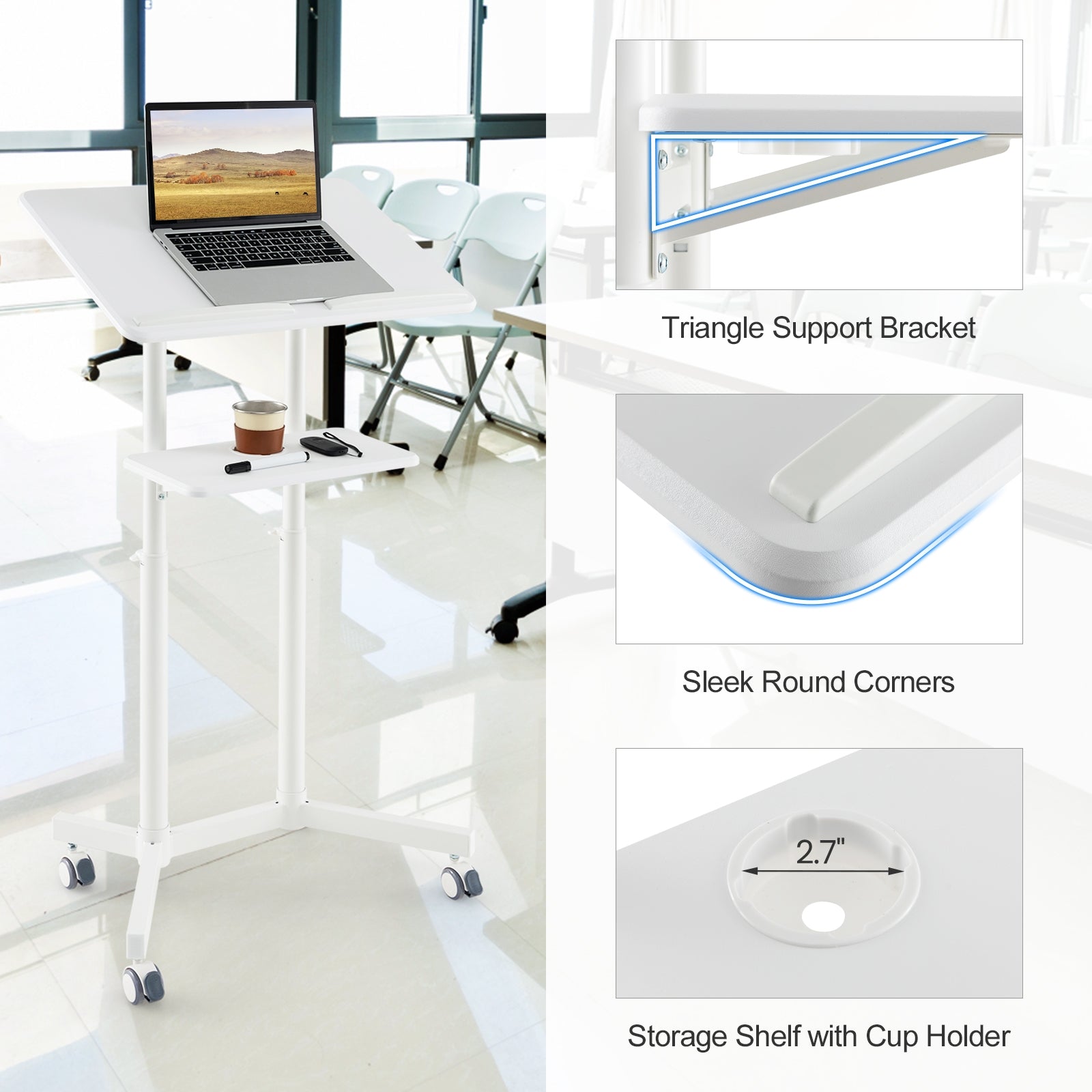 Mobile Lectern Podium, Height Adjustable Rolling Laptop Cart, White Laptop Tables & Printer Stands at Gallery Canada