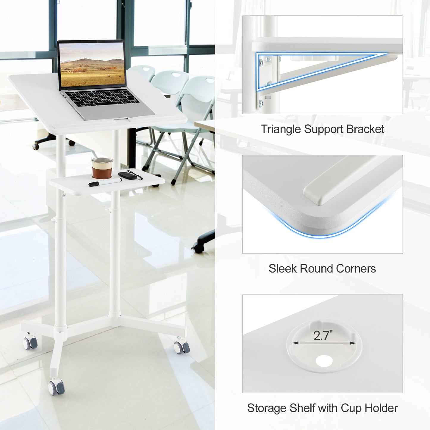 Mobile Lectern Podium, Height Adjustable Rolling Laptop Cart, White Laptop Tables & Printer Stands at Gallery Canada