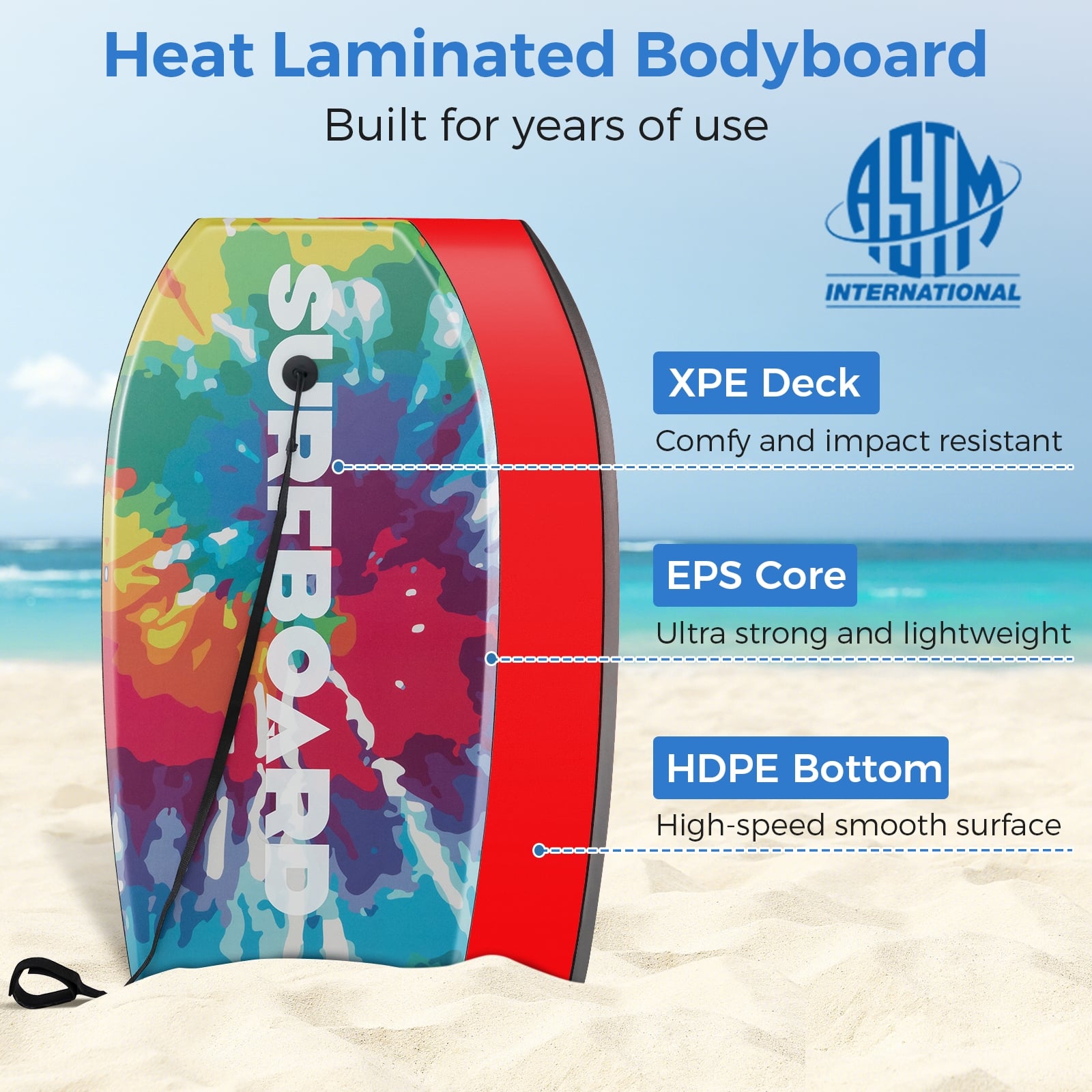 33/37/41 Inch Lightweight Body Board, EPS Core XPE Deck HDPE Bottom, Multicolor Surfing at Gallery Canada