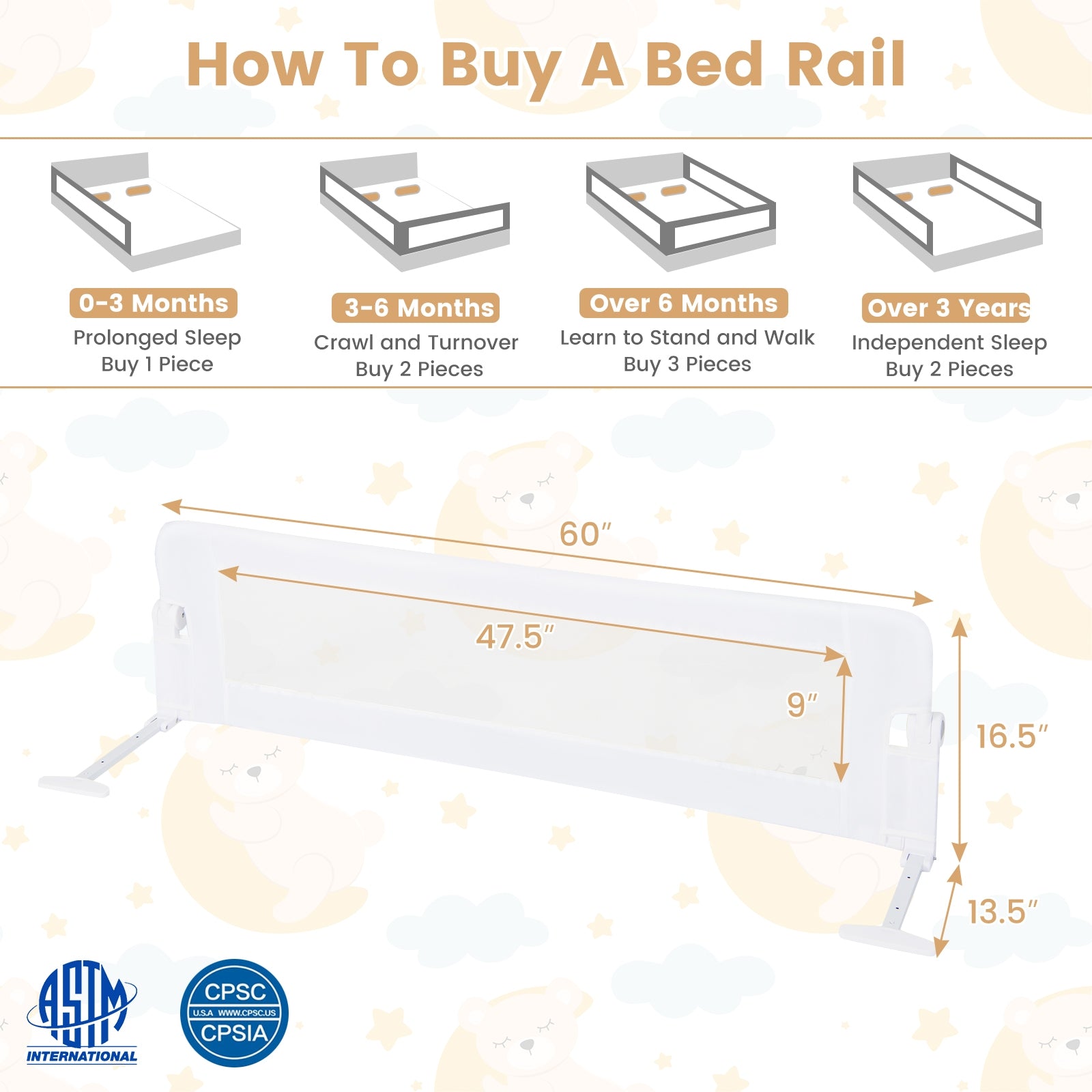 60-Inch Foldable Baby Bed Rail, Adjustable Safety Strap, White Bed Rails at Gallery Canada