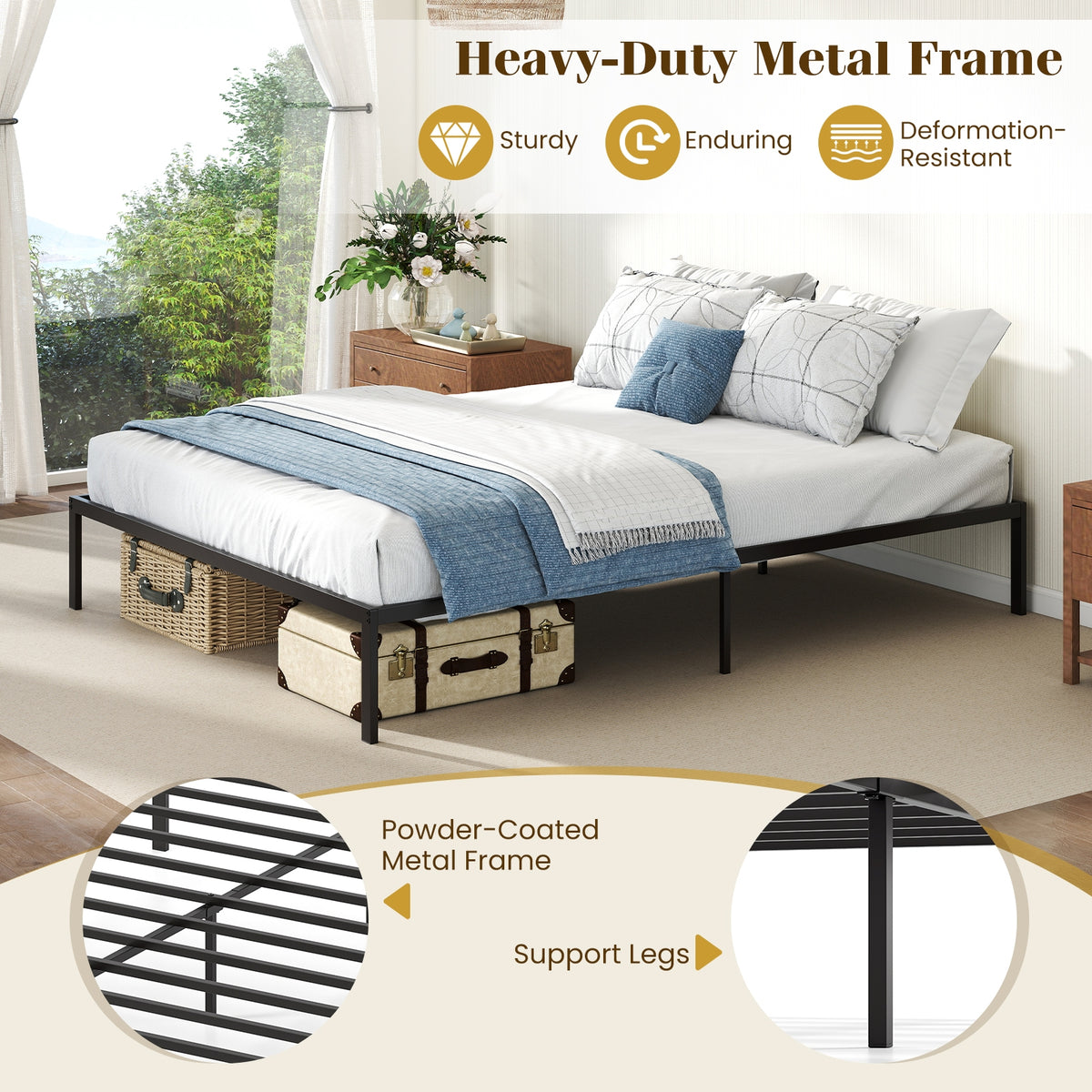 Queen Size Metal Bed Frame, Heavy Duty Support Slats, Black Simple Bed Frame at Gallery Canada
