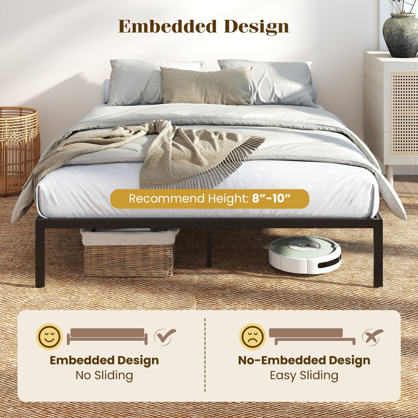 Queen Size Metal Bed Frame, Heavy Duty Support Slats, Black Simple Bed Frame at Gallery Canada