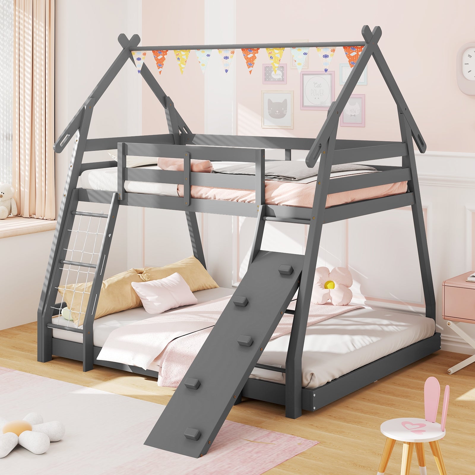 Twin Over Queen Bunk Bed, Wooden Kids Bed, Gray Toddler Beds at Gallery Canada