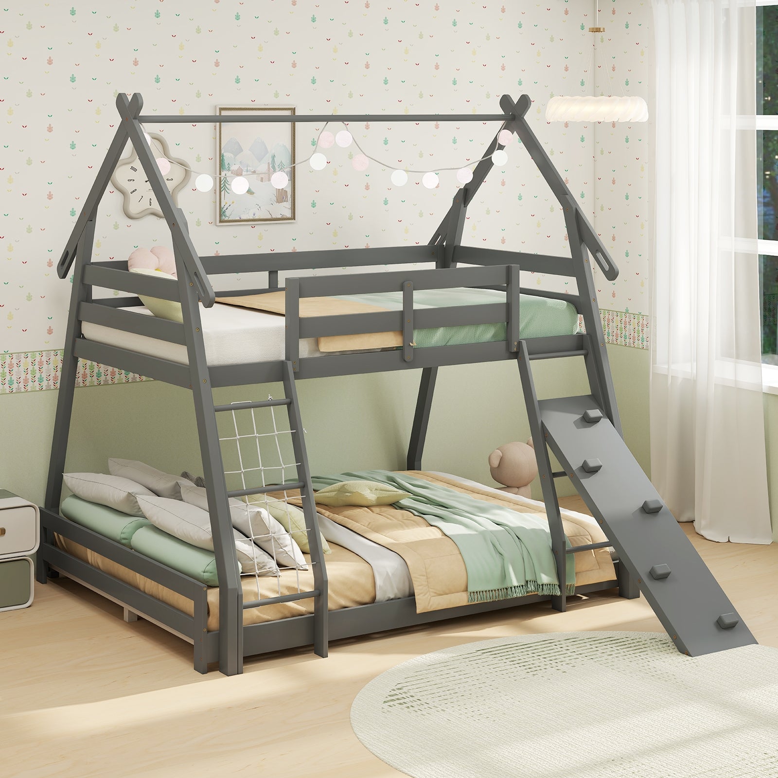 Twin Over Queen Bunk Bed, Wooden Kids Bed, Gray Toddler Beds at Gallery Canada
