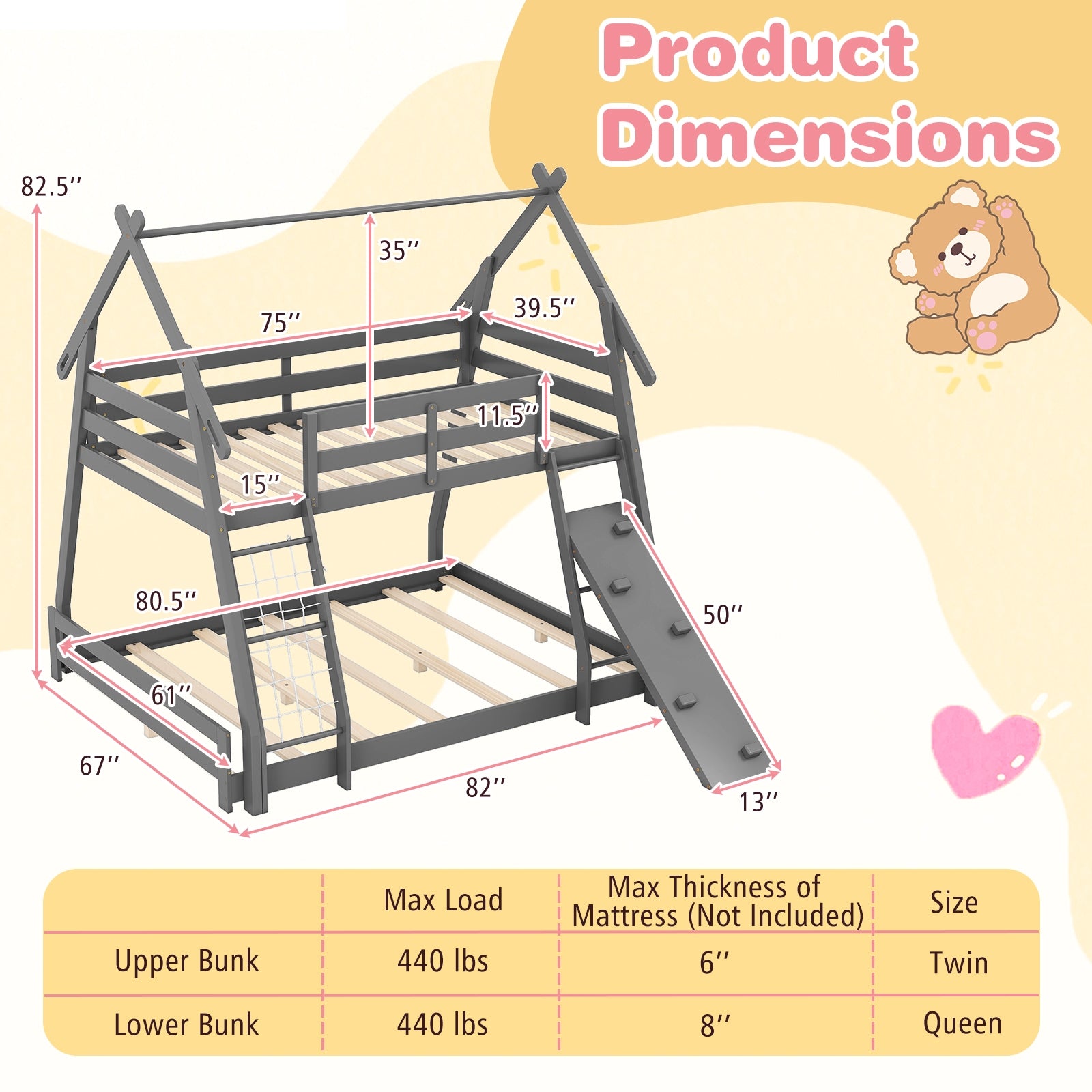 Twin Over Queen Bunk Bed, Wooden Kids Bed, Gray Toddler Beds at Gallery Canada