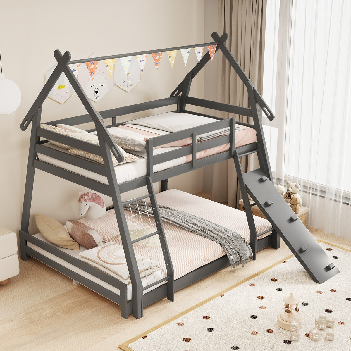 Twin Over Queen Bunk Bed, Wooden Kids Bed, Gray Toddler Beds at Gallery Canada