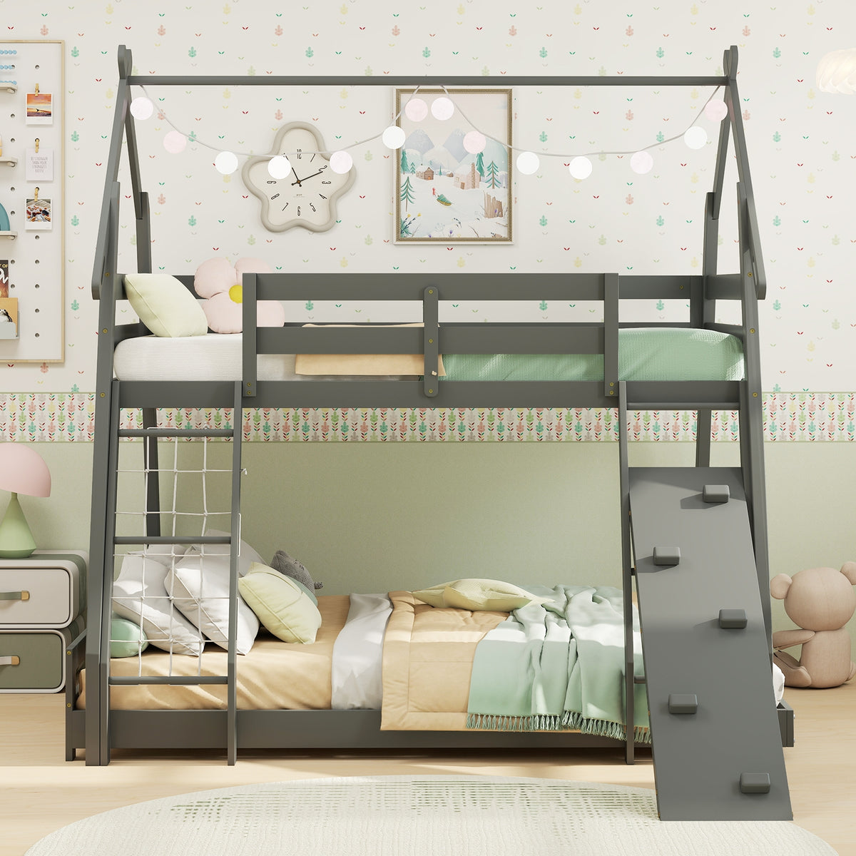 Twin Over Queen Bunk Bed, Wooden Kids Bed, Gray Toddler Beds at Gallery Canada