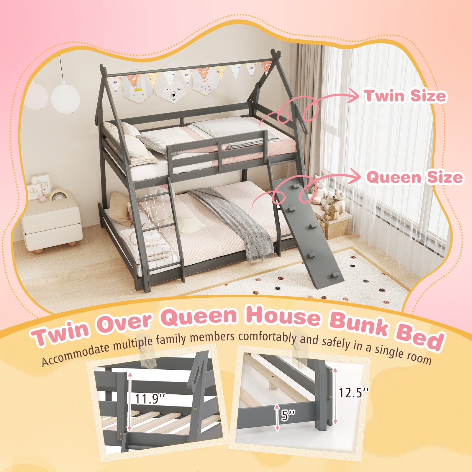 Twin Over Queen Bunk Bed, Wooden Kids Bed, Gray Toddler Beds at Gallery Canada