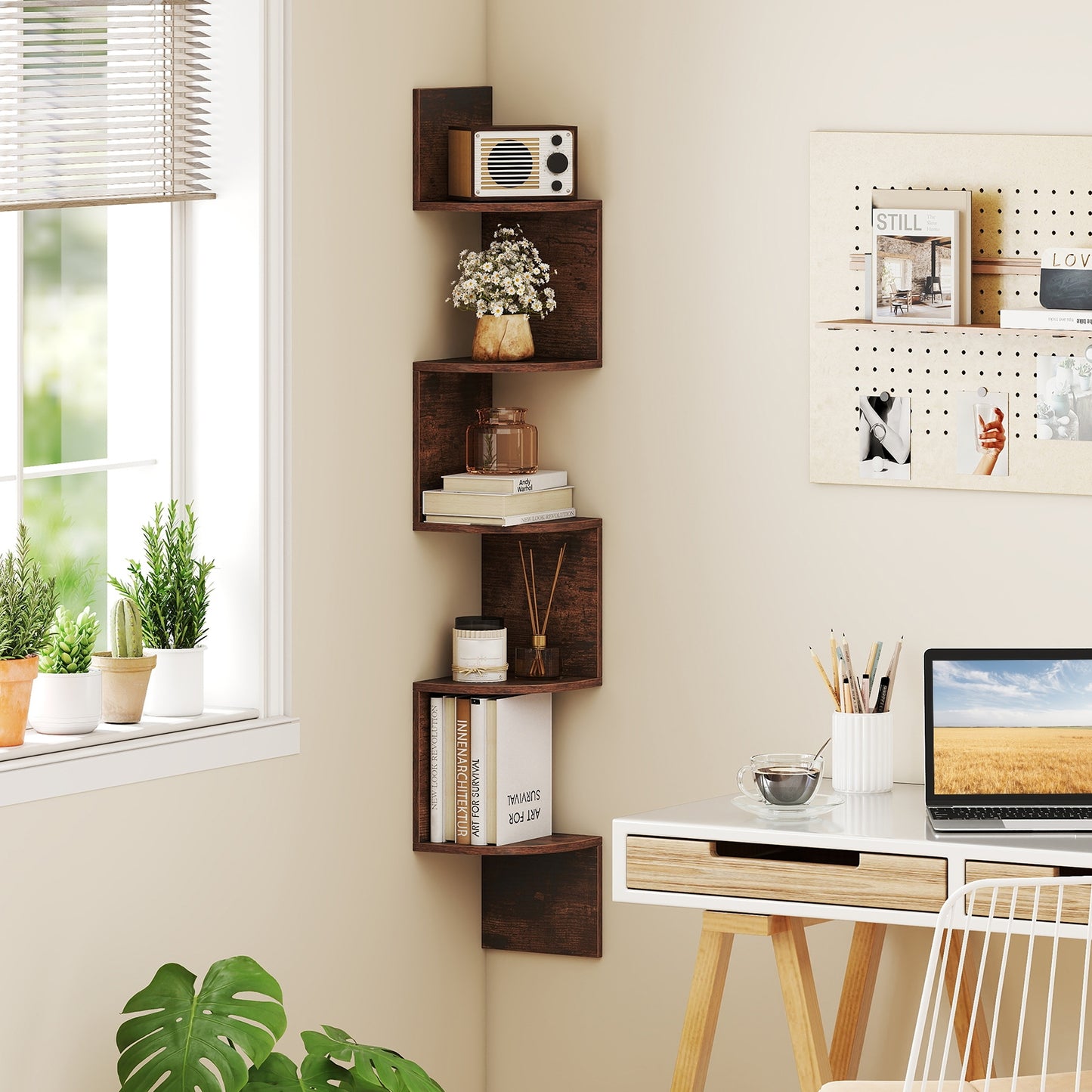 5-Tier Corner Shelf, Floating Bookshelf, Wall Mounted Storage, Rustic Brown Bookcases at Gallery Canada