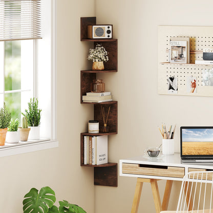 5-Tier Corner Shelf, Floating Bookshelf, Wall Mounted Storage, Rustic Brown Bookcases at Gallery Canada