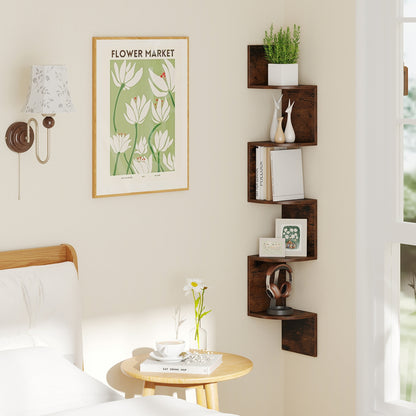 5-Tier Corner Shelf, Floating Bookshelf, Wall Mounted Storage, Rustic Brown Bookcases at Gallery Canada