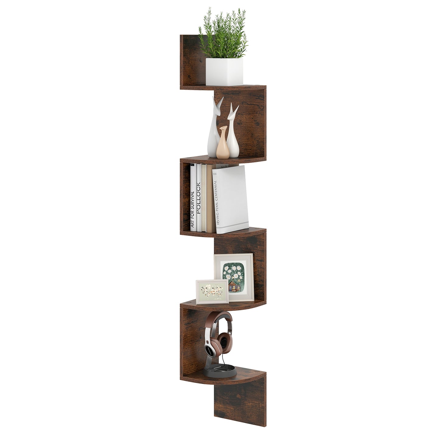 5-Tier Corner Shelf, Floating Bookshelf, Wall Mounted Storage, Rustic Brown Bookcases at Gallery Canada