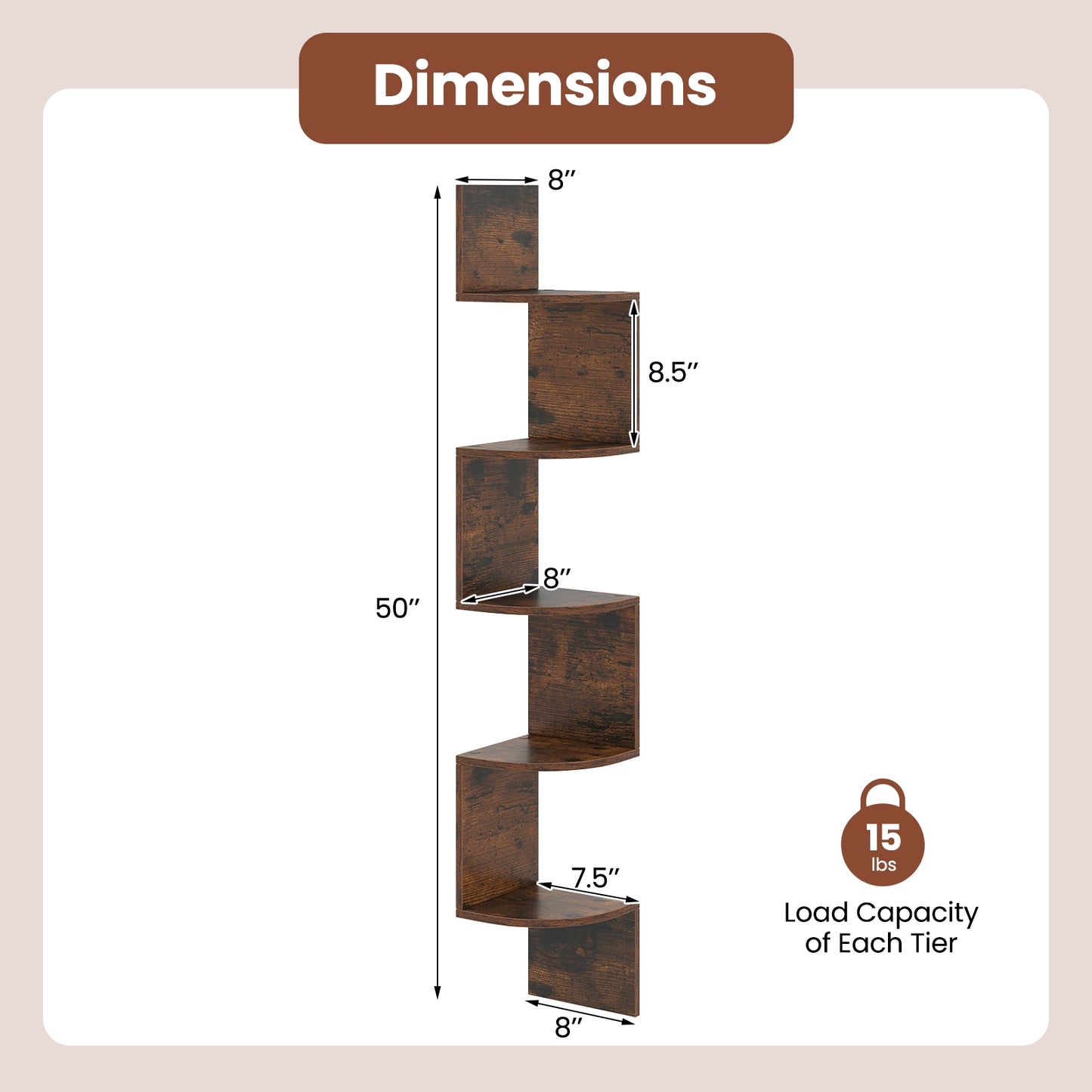 5-Tier Corner Shelf, Floating Bookshelf, Wall Mounted Storage, Rustic Brown Bookcases at Gallery Canada