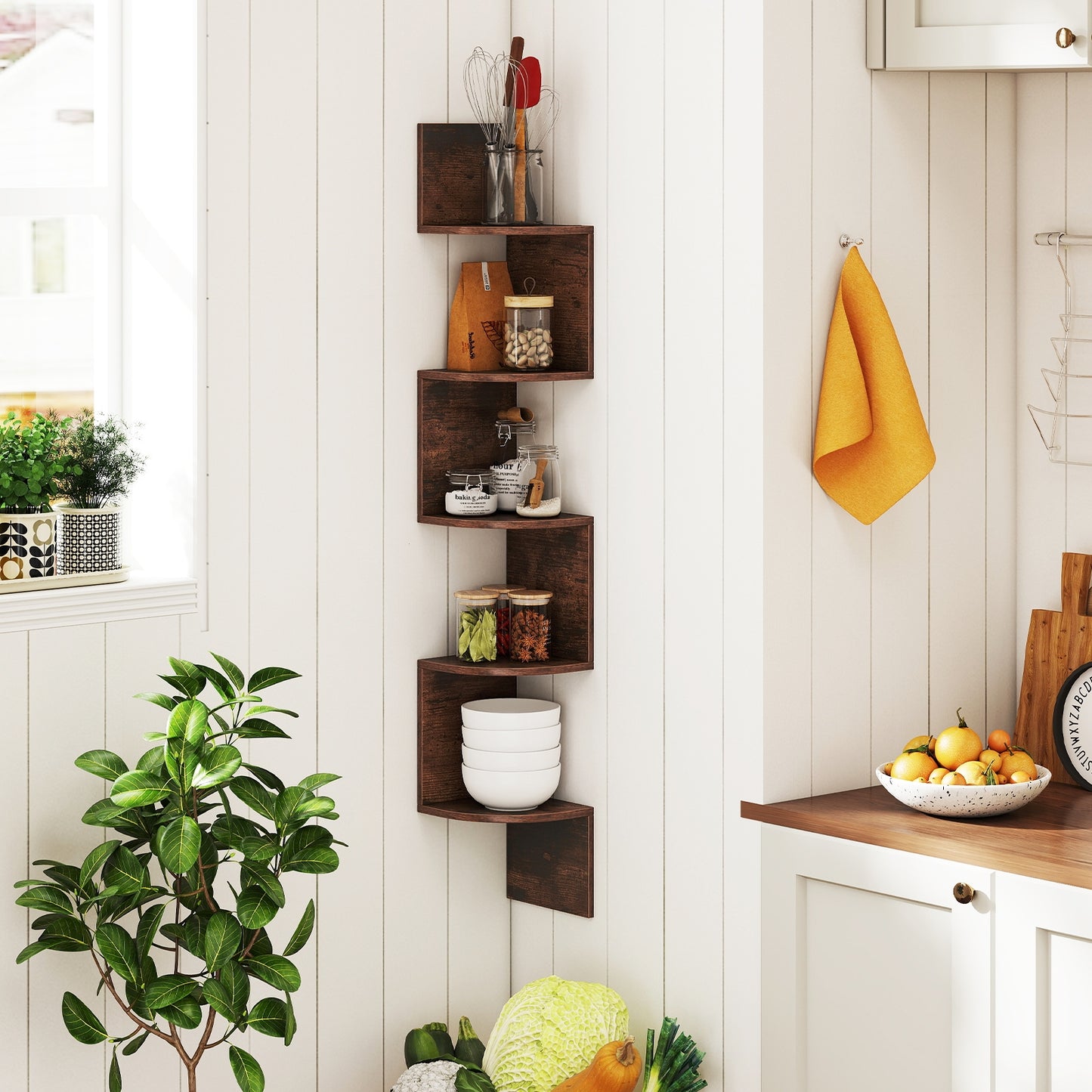 5-Tier Corner Shelf, Floating Bookshelf, Wall Mounted Storage, Rustic Brown Bookcases at Gallery Canada