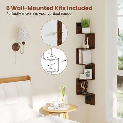 5-Tier Corner Shelf, Floating Bookshelf, Wall Mounted Storage, Rustic Brown Bookcases at Gallery Canada