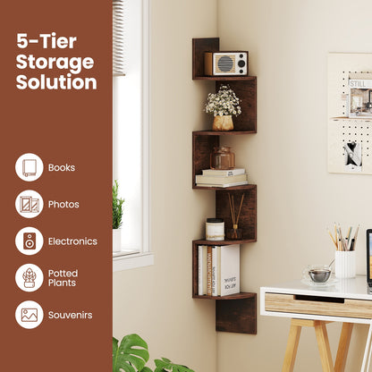 5-Tier Corner Shelf, Floating Bookshelf, Wall Mounted Storage, Rustic Brown Bookcases at Gallery Canada