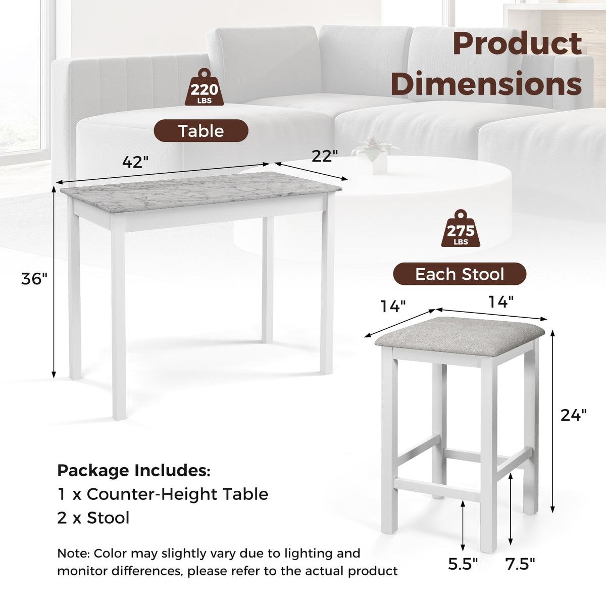 3-Piece Bar Table Set, Dining Table And 2 Bar Stools, White Dining Room Sets at Gallery Canada
