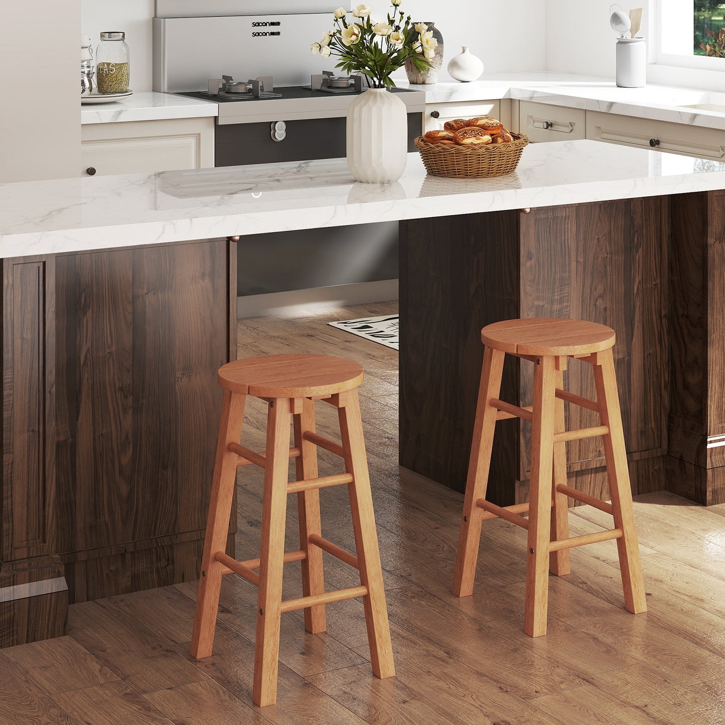 24-Inch Outdoor Wood Bar Stools, Set of 2, Round Seat, Footrest Patio Bar Furniture at Gallery Canada