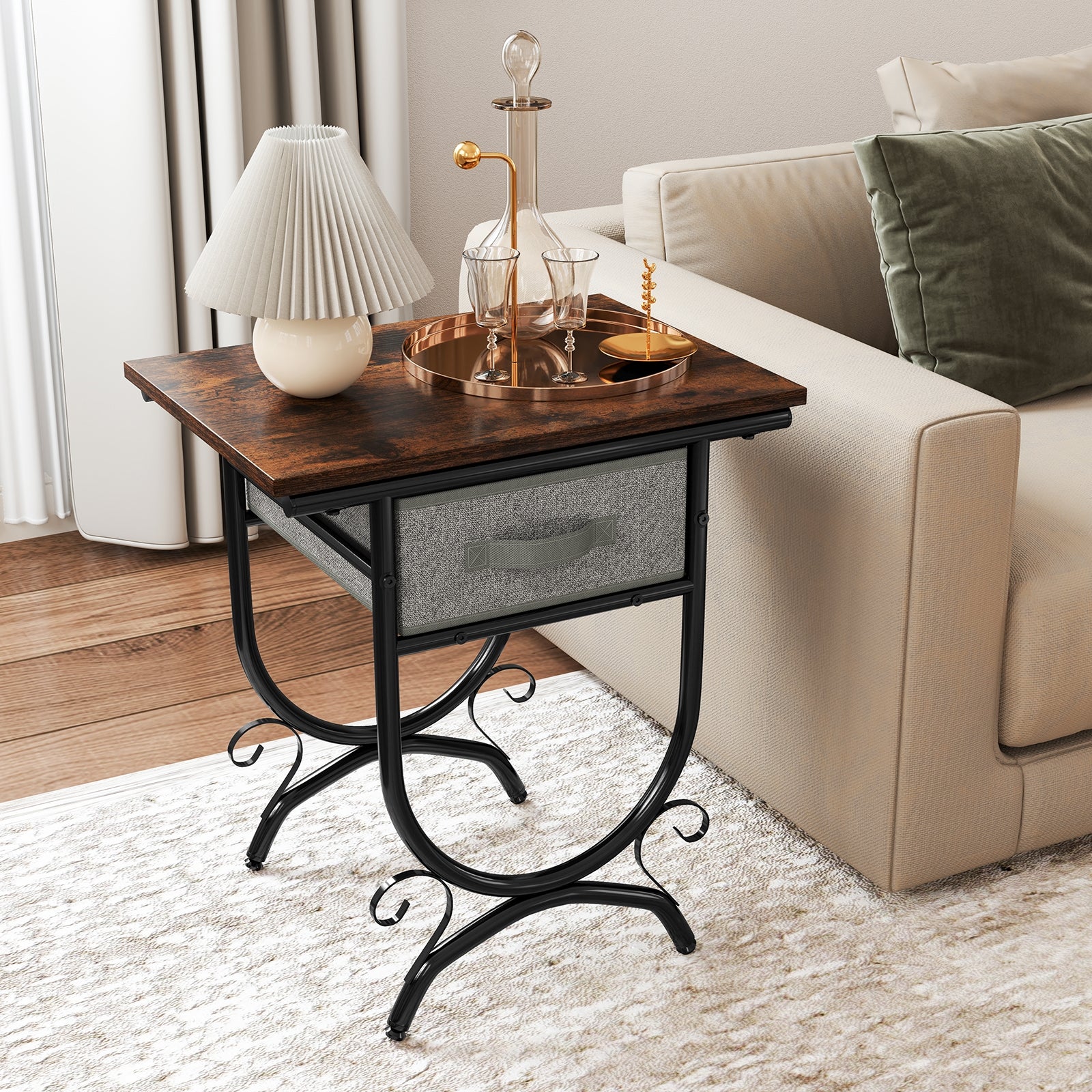 Side Table With Fabric Drawer, Carved Metal Frame, Living Room Nightstands at Gallery Canada