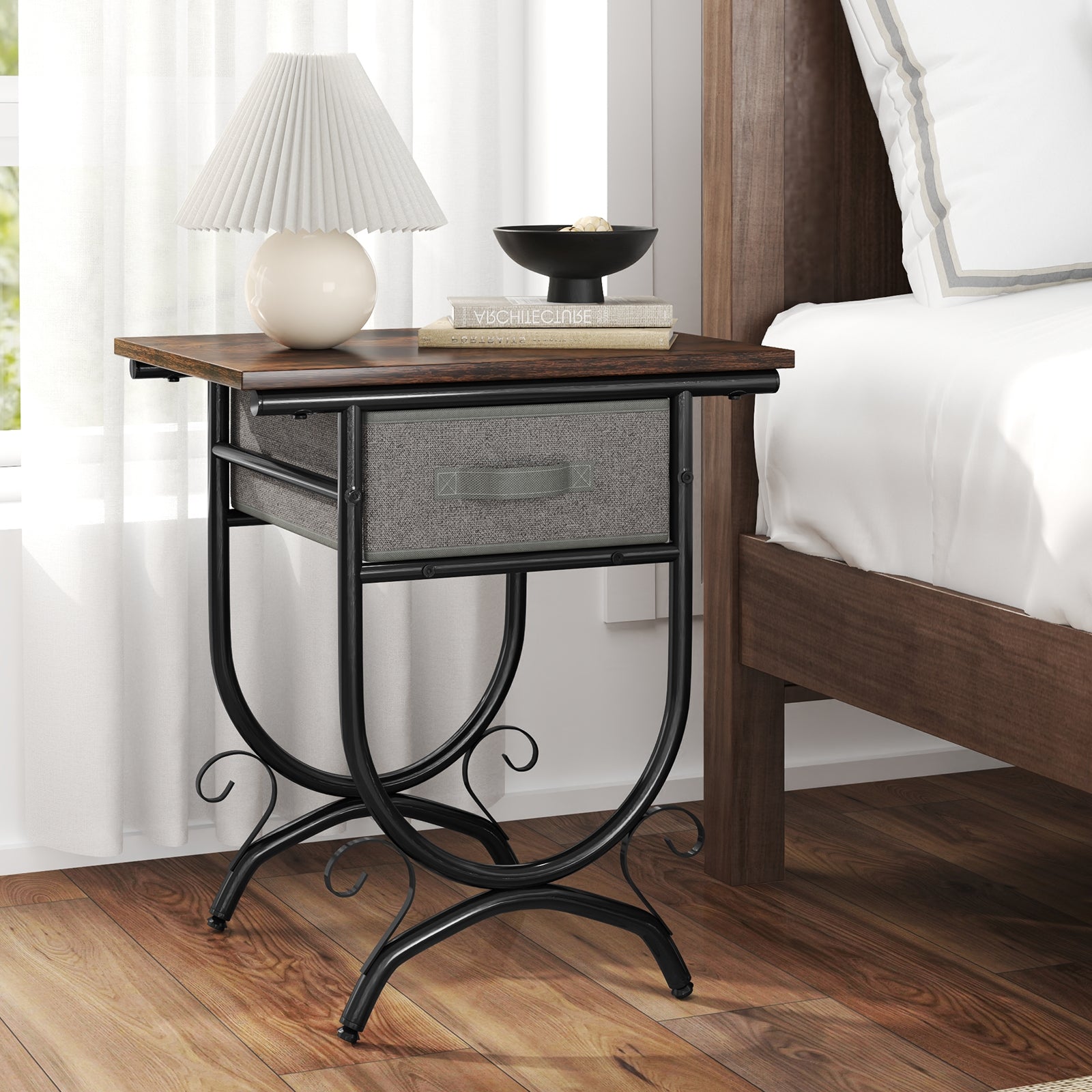Side Table With Fabric Drawer, Carved Metal Frame, Living Room Nightstands at Gallery Canada