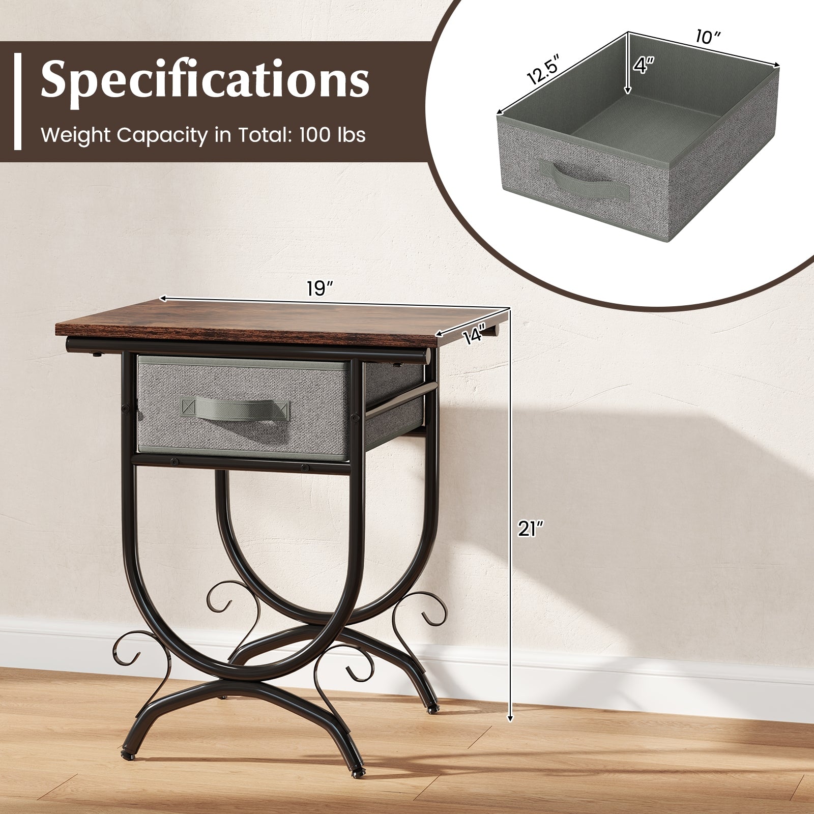 Side Table With Fabric Drawer, Carved Metal Frame, Living Room Nightstands at Gallery Canada