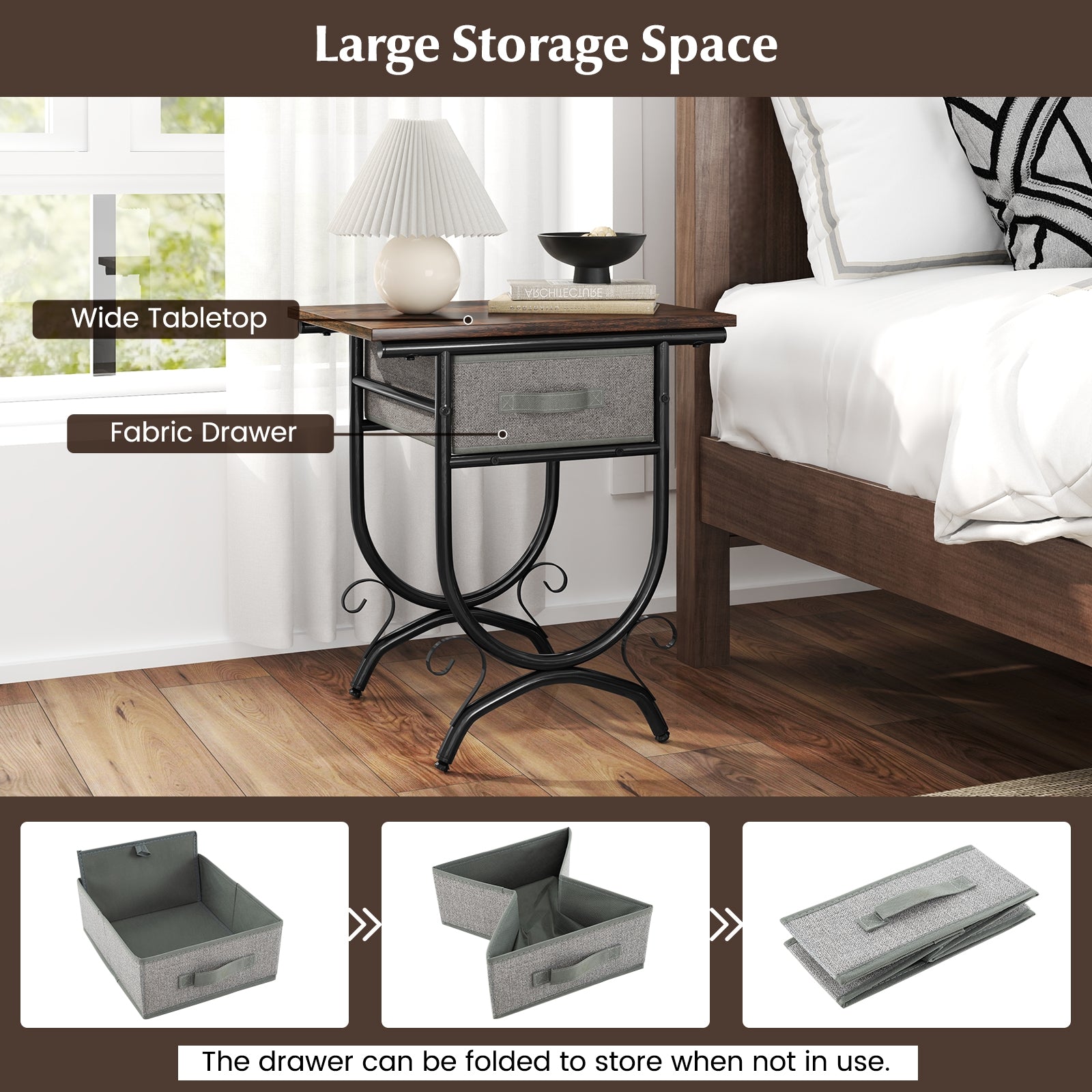 Side Table With Fabric Drawer, Carved Metal Frame, Living Room Nightstands at Gallery Canada