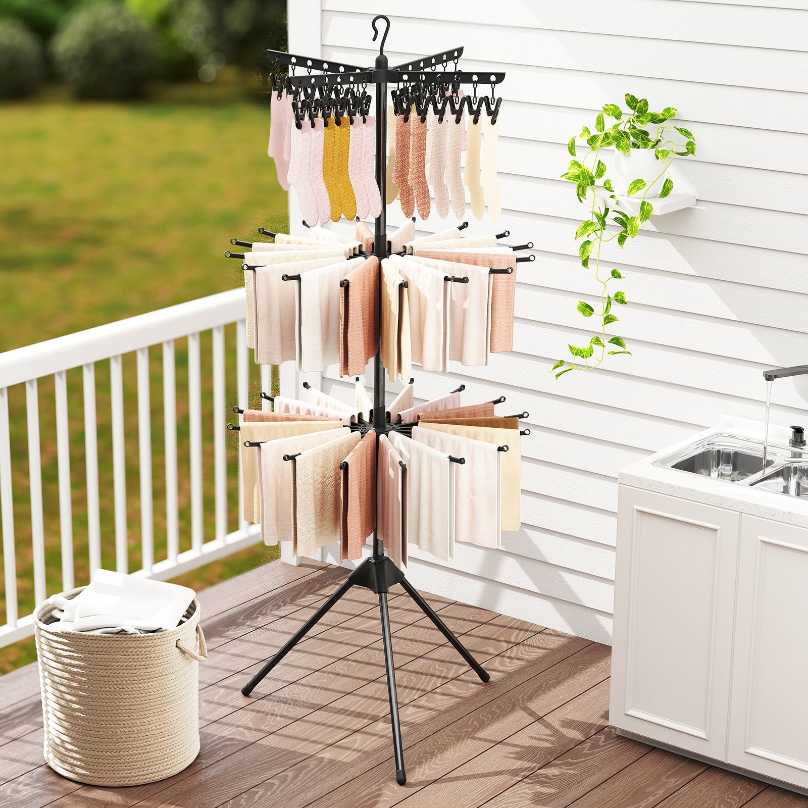 3-Tier Tripod Folding Clothes Drying Rack, 24 Clips, Black Drying Racks at Gallery Canada