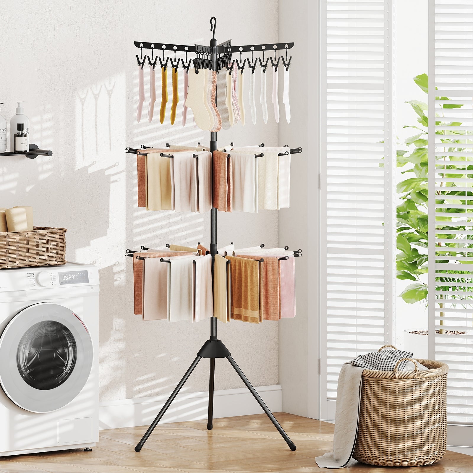 3-Tier Tripod Folding Clothes Drying Rack, 24 Clips, Black Drying Racks at Gallery Canada