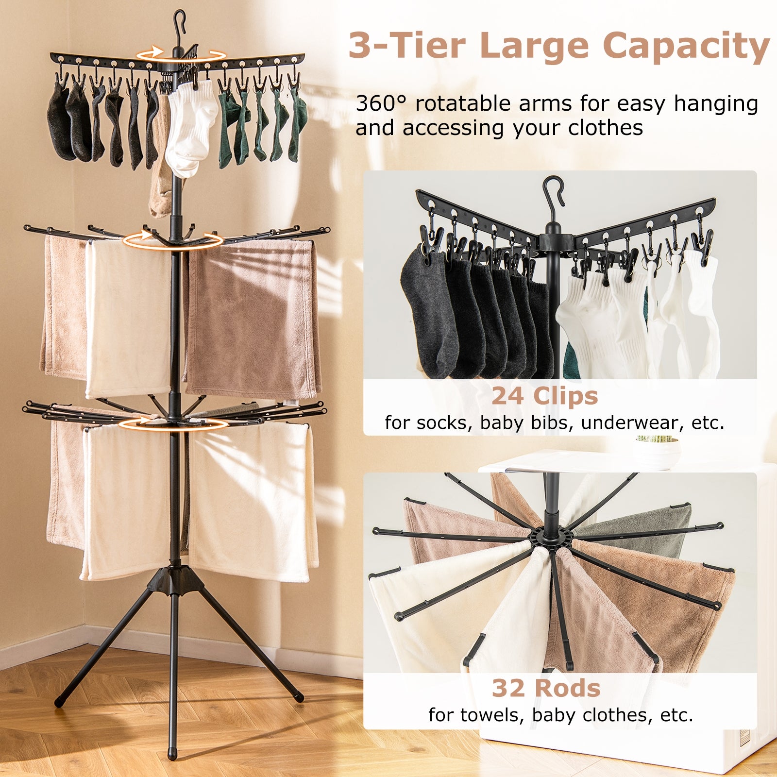 3-Tier Tripod Folding Clothes Drying Rack, 24 Clips, Black Drying Racks at Gallery Canada