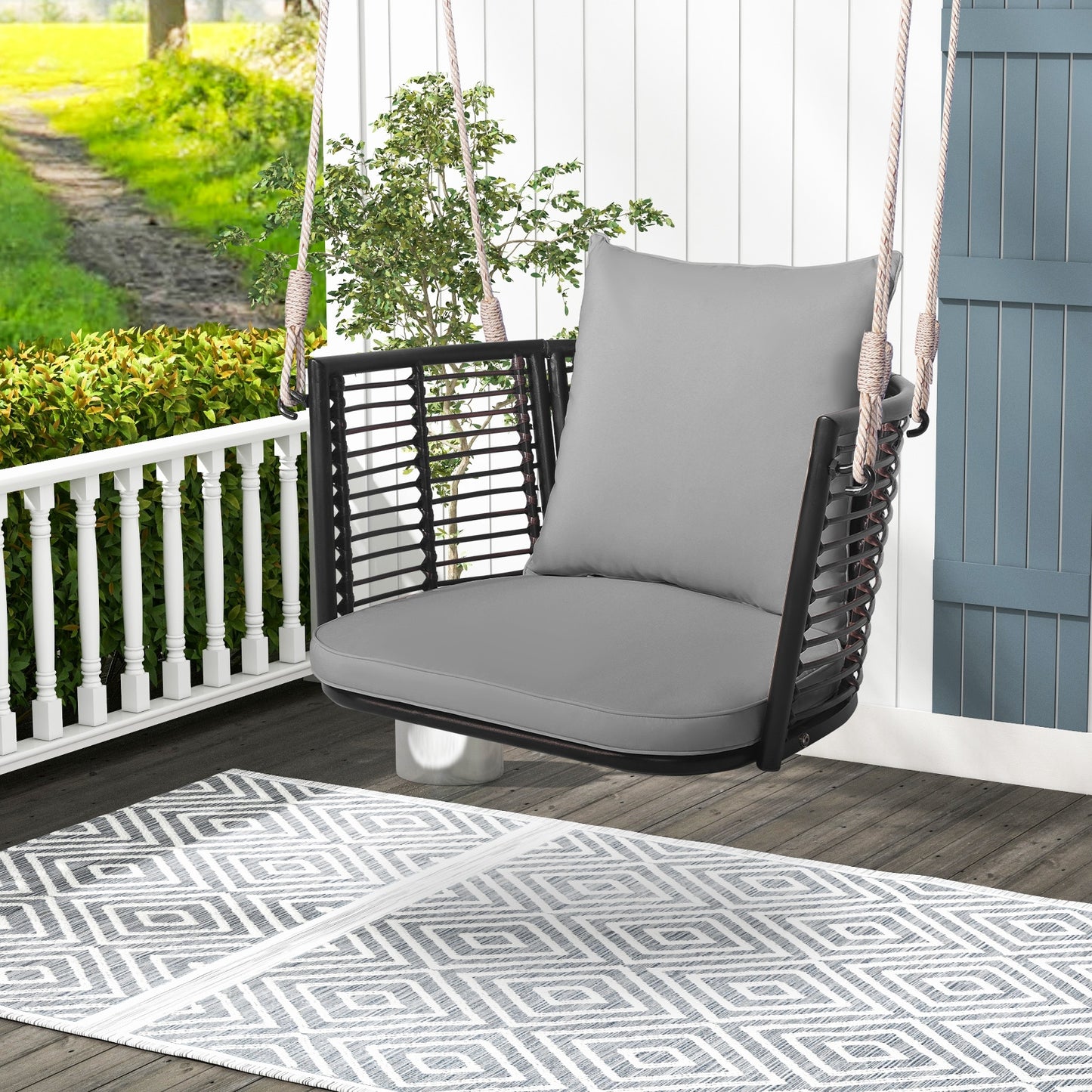 Single Person Hanging Seat, Woven Rattan Backrest, Gray Patio Rocking Chairs & Gliders at Gallery Canada