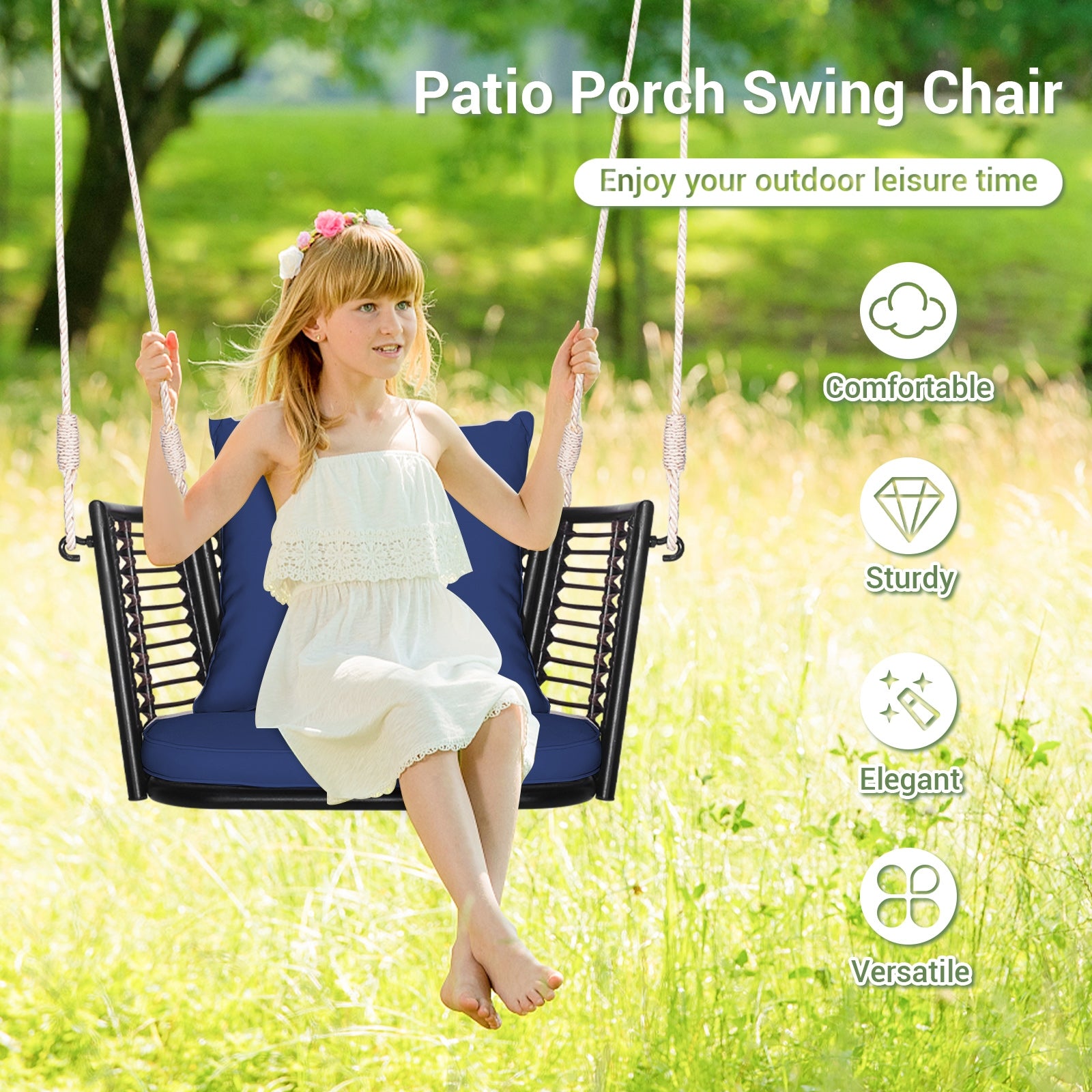 Single Person Hanging Seat, Woven Rattan Backrest, Blue Patio Rocking Chairs & Gliders at Gallery Canada