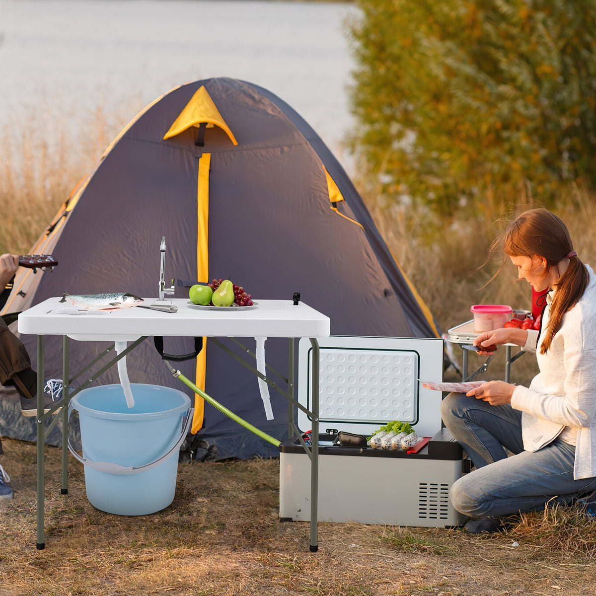 Fish Cleaning Table, 2 Sinks, 360° Rotatable Faucet, White Picnic Tables at Gallery Canada