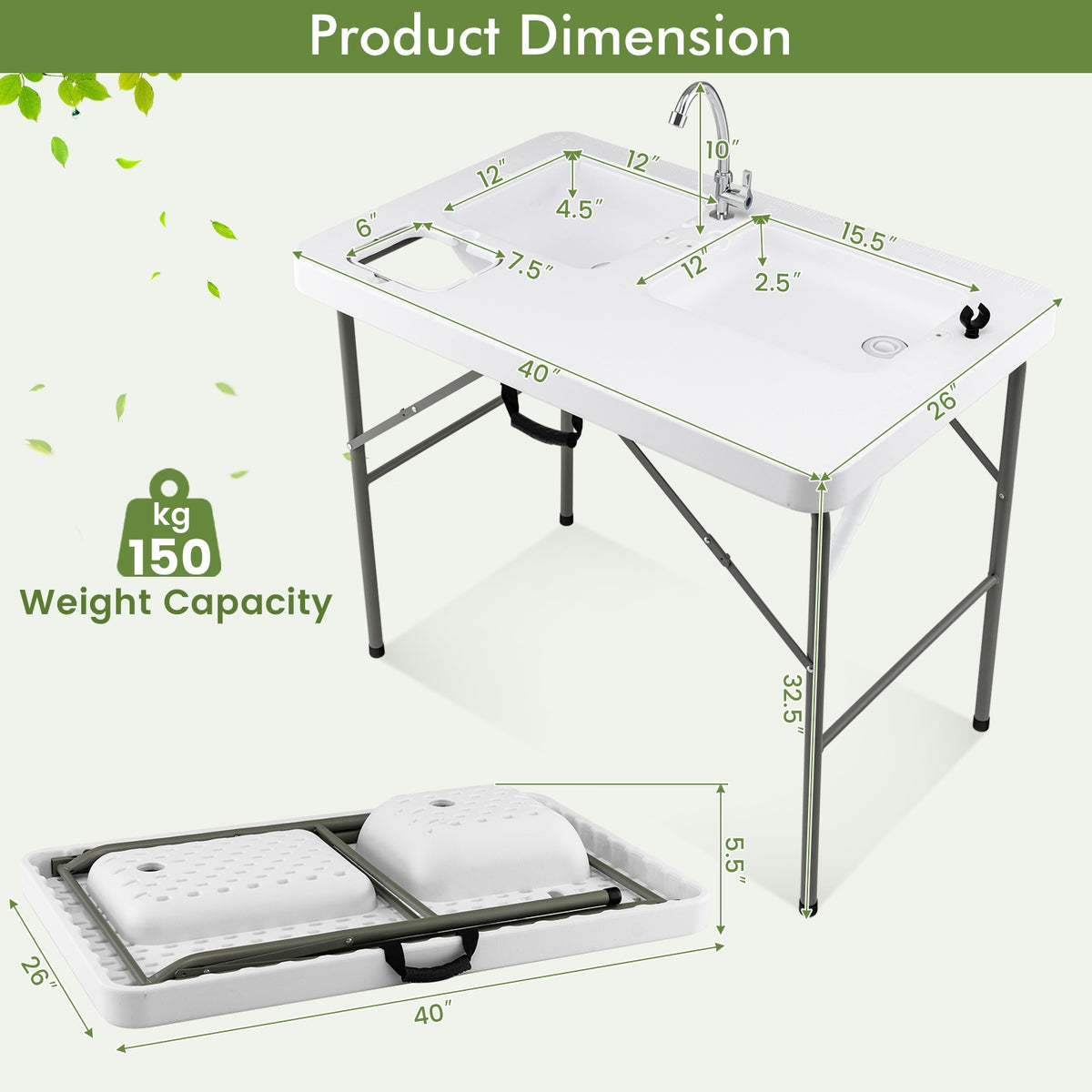 Fish Cleaning Table, 2 Sinks, 360° Rotatable Faucet, White Picnic Tables at Gallery Canada