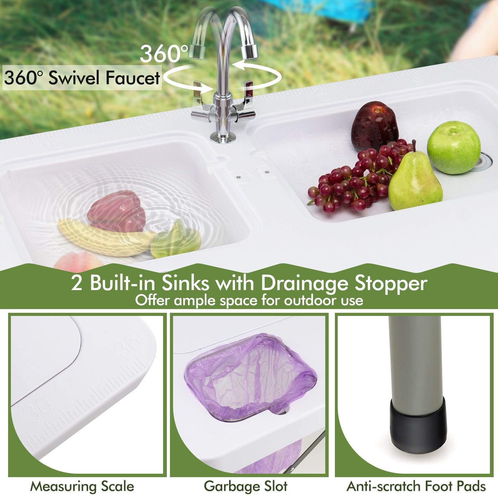 Fish Cleaning Table, 2 Sinks, 360° Rotatable Faucet, White Picnic Tables at Gallery Canada