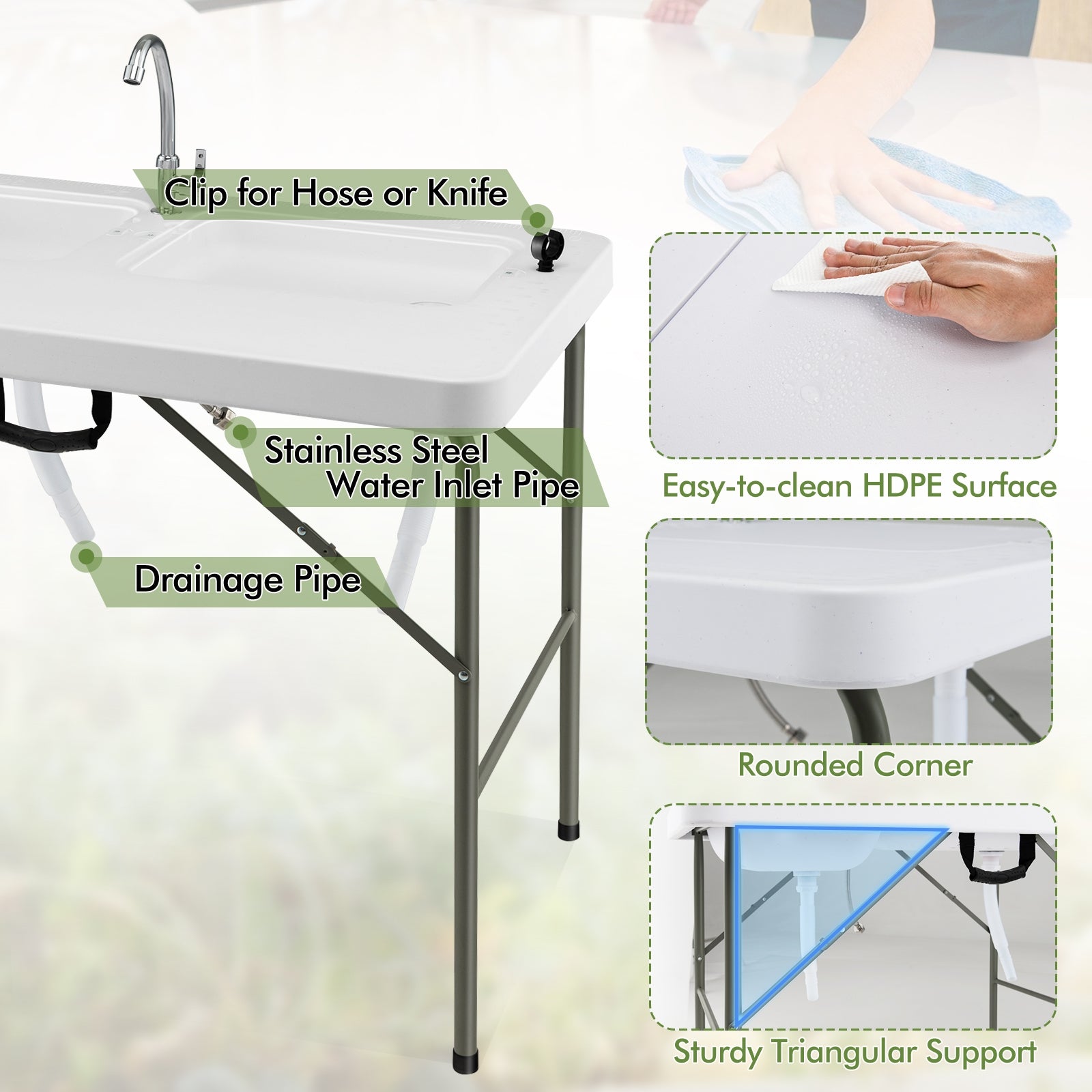 Fish Cleaning Table, 2 Sinks, 360° Rotatable Faucet, White Picnic Tables at Gallery Canada
