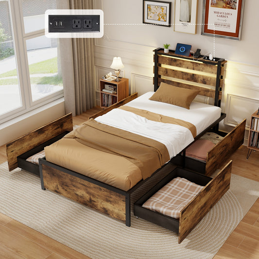 Twin Size Bed Frame With Drawers, LED Lights, USB Ports, Rustic Brown Simple Bed Frame Rustic Brown at Gallery Canada